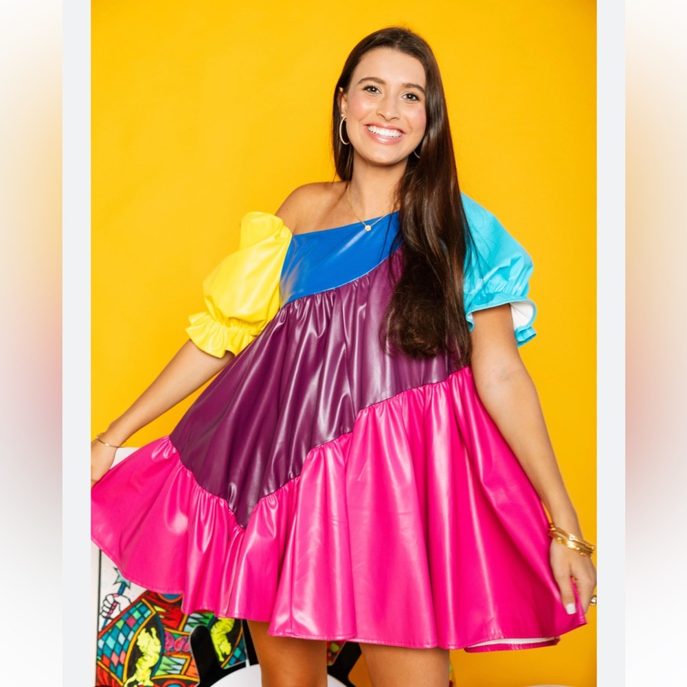NEW WITH TAGS Queen of Sparkles Colorblock Asymmetrical Leather Dress Size: L